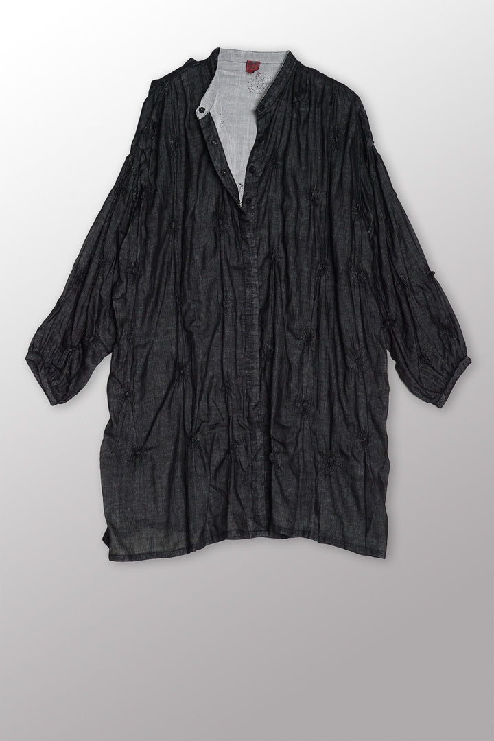 GAUZE SHIBORI GARMENT KANTHA BAND COLLAR OVERSIZED SHIRT - bl-gg2587-blk -