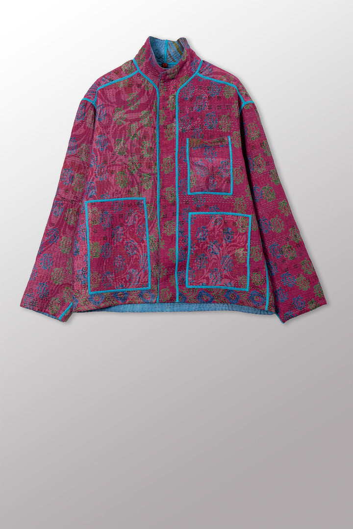 VINTAGE SILK GEORGETTE COTTON KANTHA MEN'S BLOUSON - gc4040-0001m -