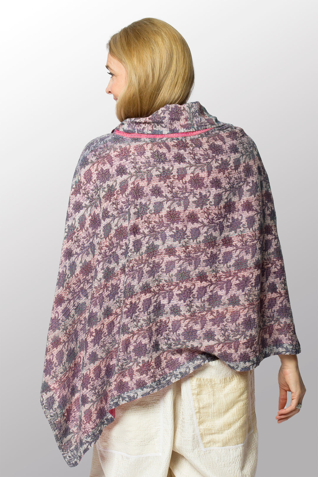 VINTAGE COTTON KANTHA COWL NECK LONG CAPE - cv2842-0003a -