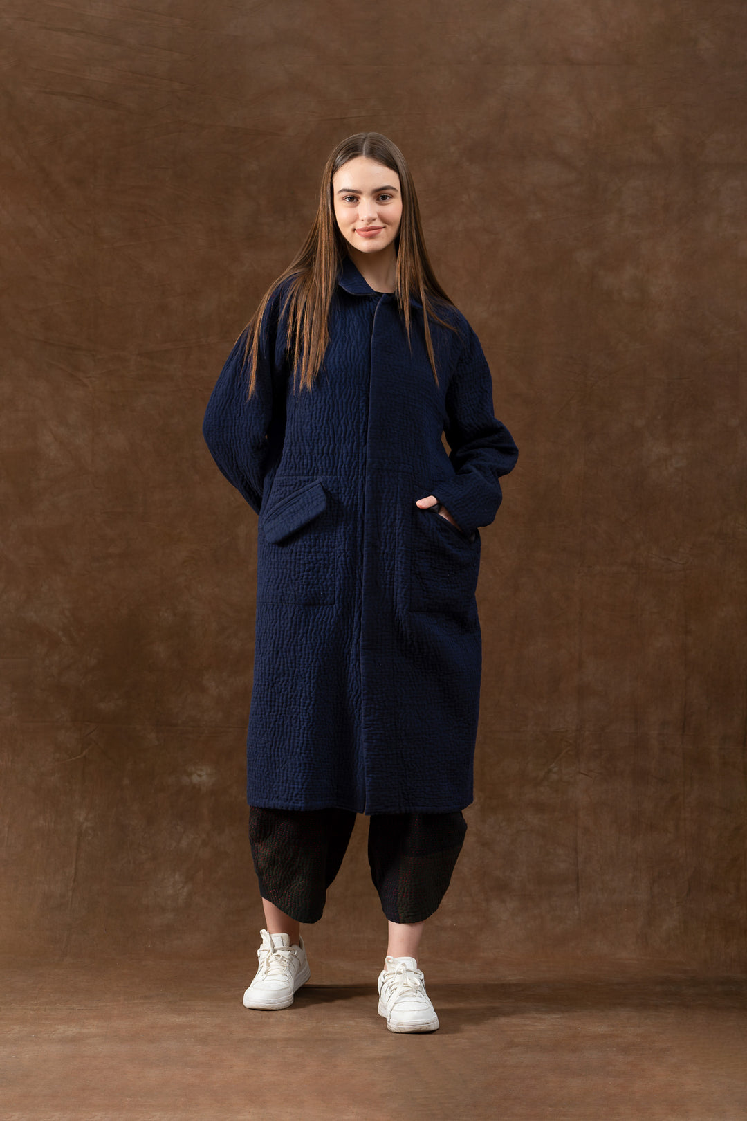 QUILTED VINTAGE COTTON WITH FLANNEL KANTHA RAGLAN SLEEVE COAT - fq5337-blu -