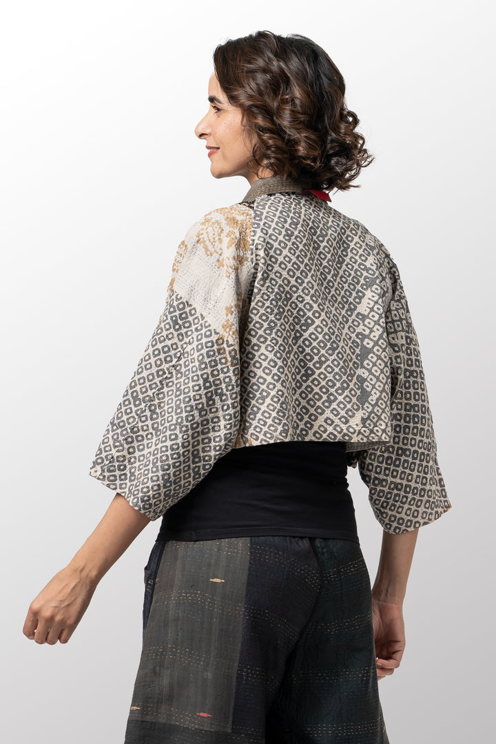 KIMONO COTTON KANTHA PUFF SLV. SHRUG - kc2062-gry -