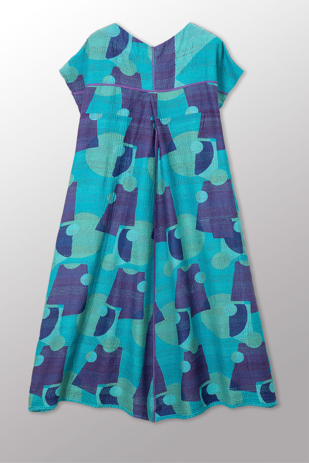 VINTAGE COTTON & NEW VOILE KANTHA V-NECK FRENCH SLV. DRESS - cn2467-0001s -