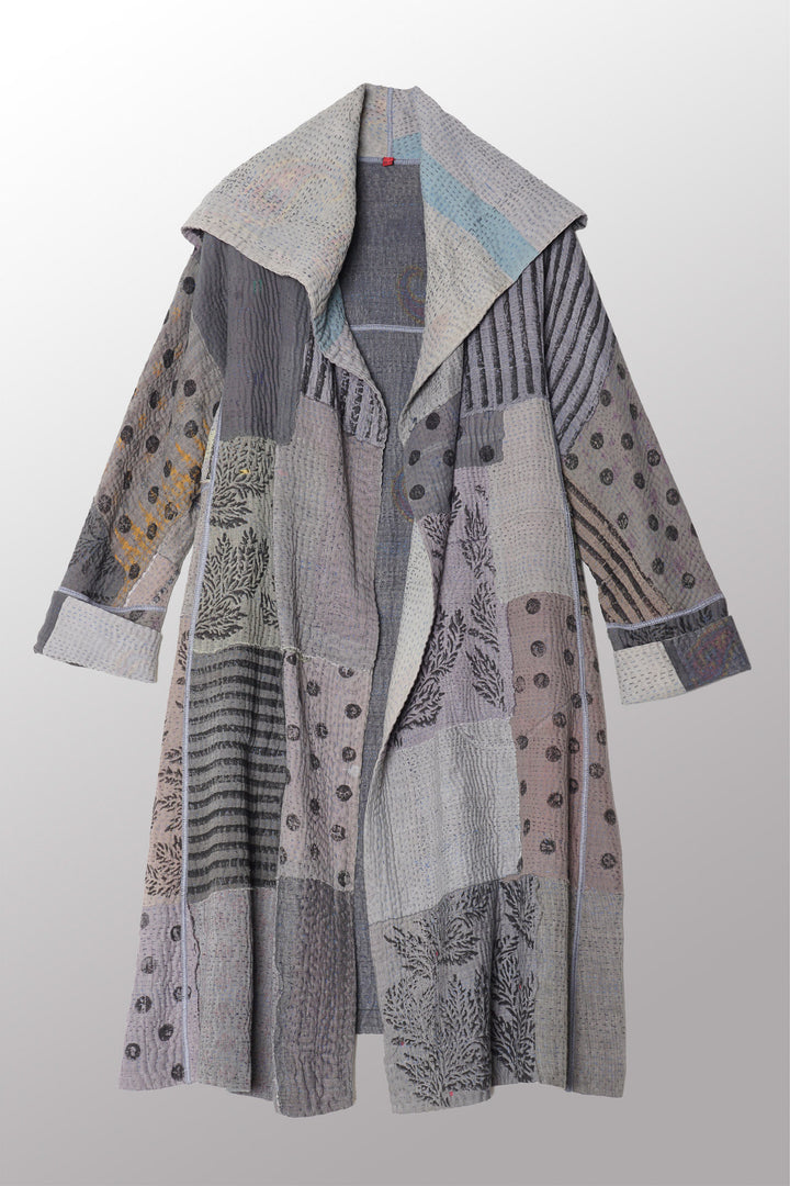 FRAYED PATCH KANTHA A-LINE COAT - fi4309-gry -