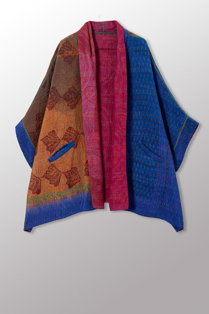 VINTAGE SILK GEORGETTE COTTON KANTHA DOUBLE COLLAR PONCHO - gc4323-0002a -