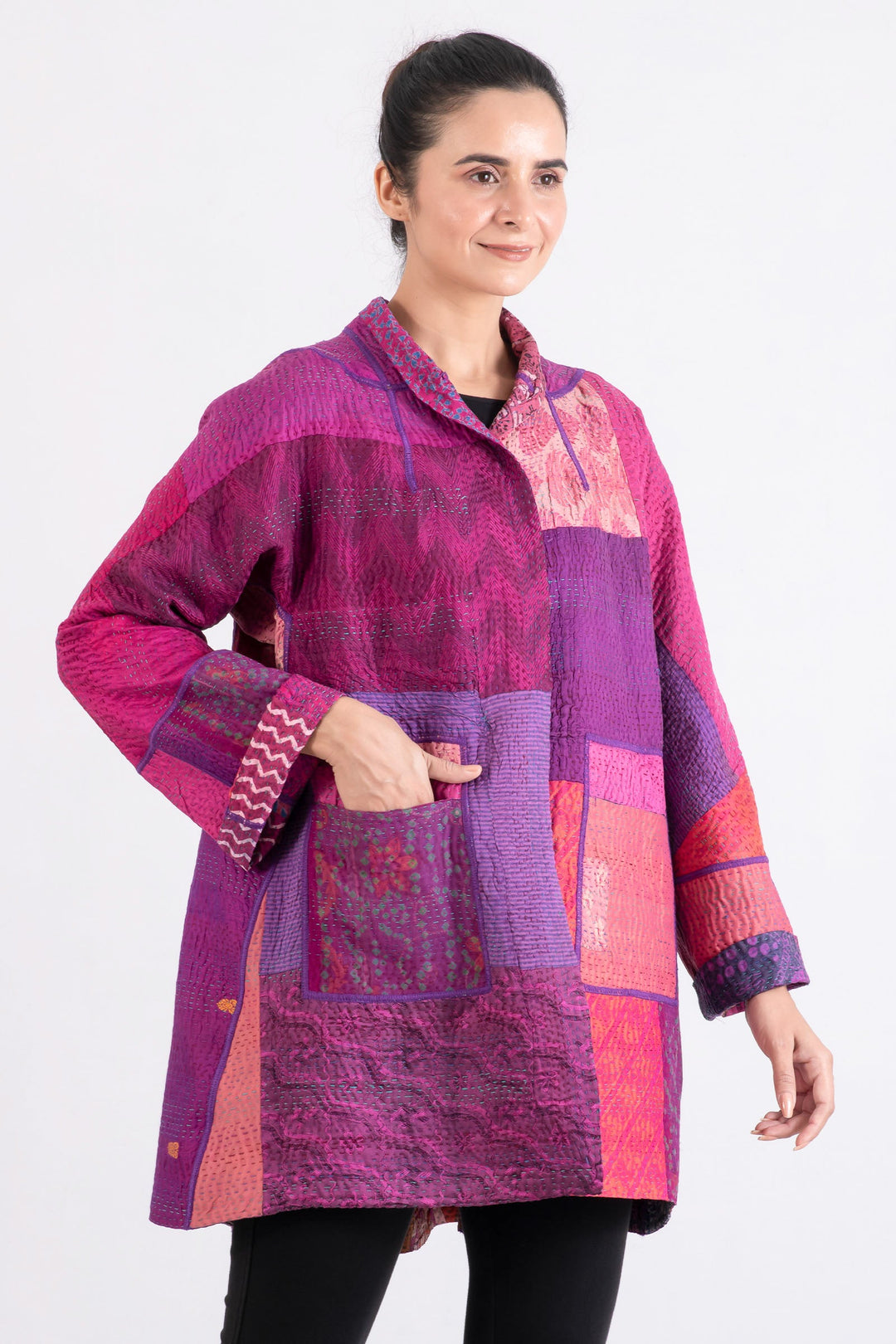 JACQUARD SILK KANTHA FLARE LONG JACKET - js4021-pik -