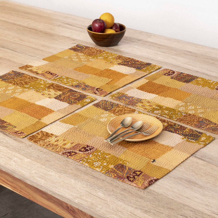 Printed Fray Patch Kantha Placemats -Golden (Set of 2)