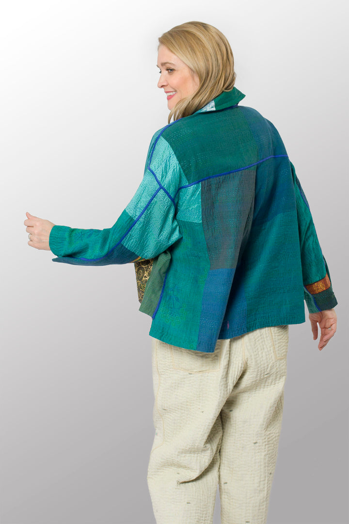 COTTON SILK SW PATCH KANTHA CROPPED SHIRT JACKET - ws2075-tel -