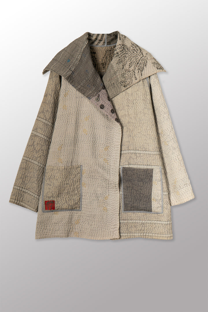 FRAYED PATCH KANTHA WITH STAMP POCKET JKT - sp-fi4002-gry -