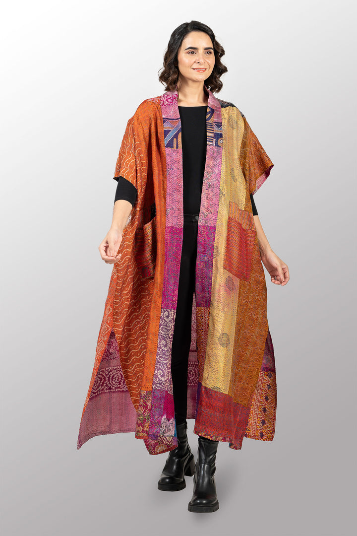 VINTAGE SILK KANTHA PONCHO DRESS - sv2443-0001a -