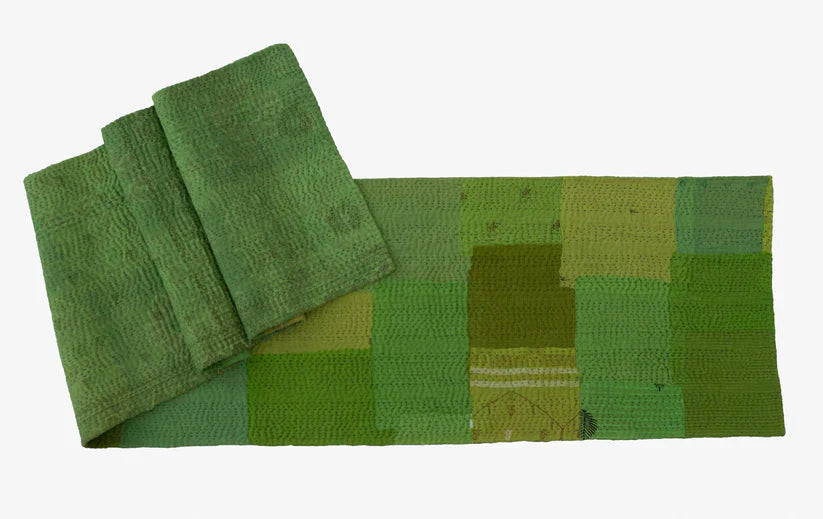 Mosaic Fray Patch Handmade Vintage Kantha Table Runner -Lime Green