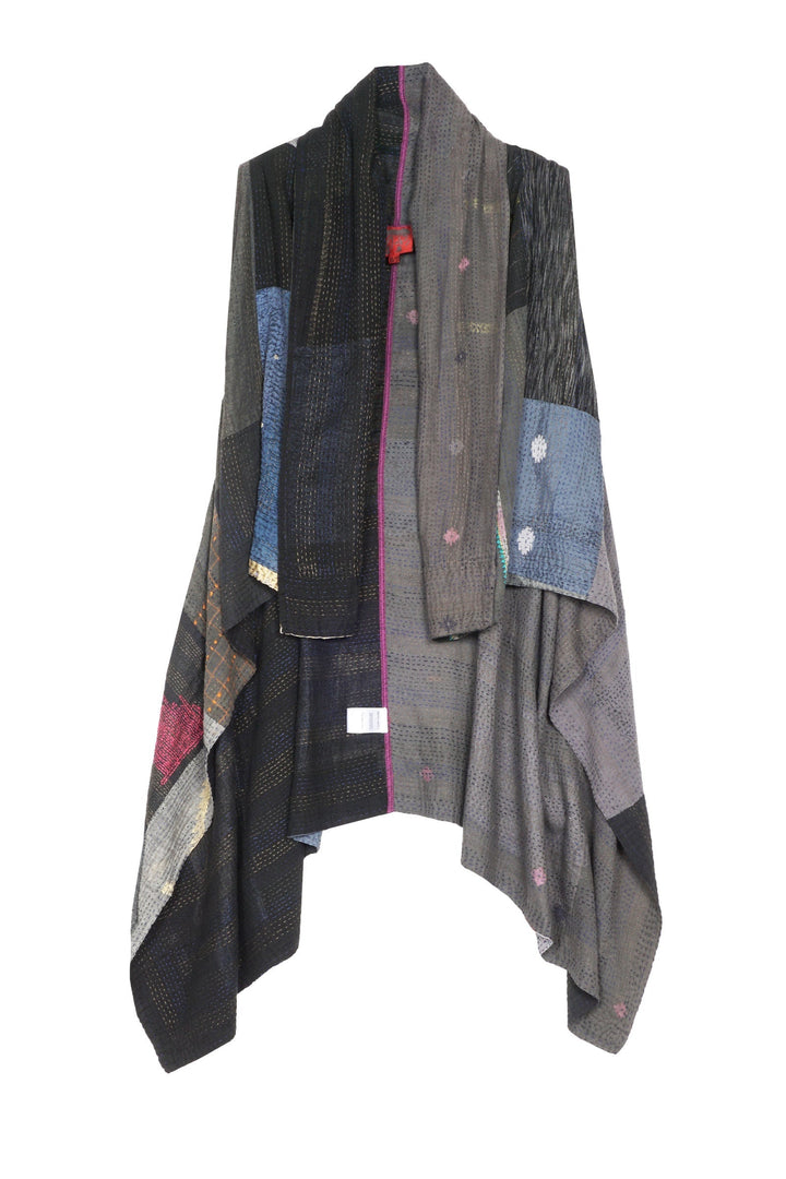 HAND PAINTED RALLI KANTHA SHAWL VEST - gp2219-gry -