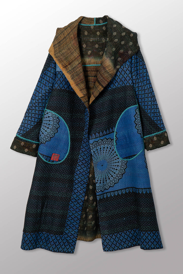 VINTAGE SILK GEORGETTE COTTON KANTHA HOODED A-LINE LONG COAT - gc4306-0001a -