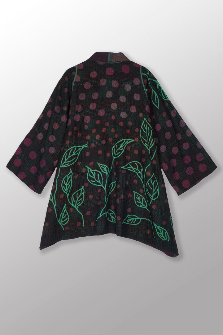 OVERDYED POLKA DOTS & LEAVES KANTHA A-LINE JACKET - dl4003-grn -