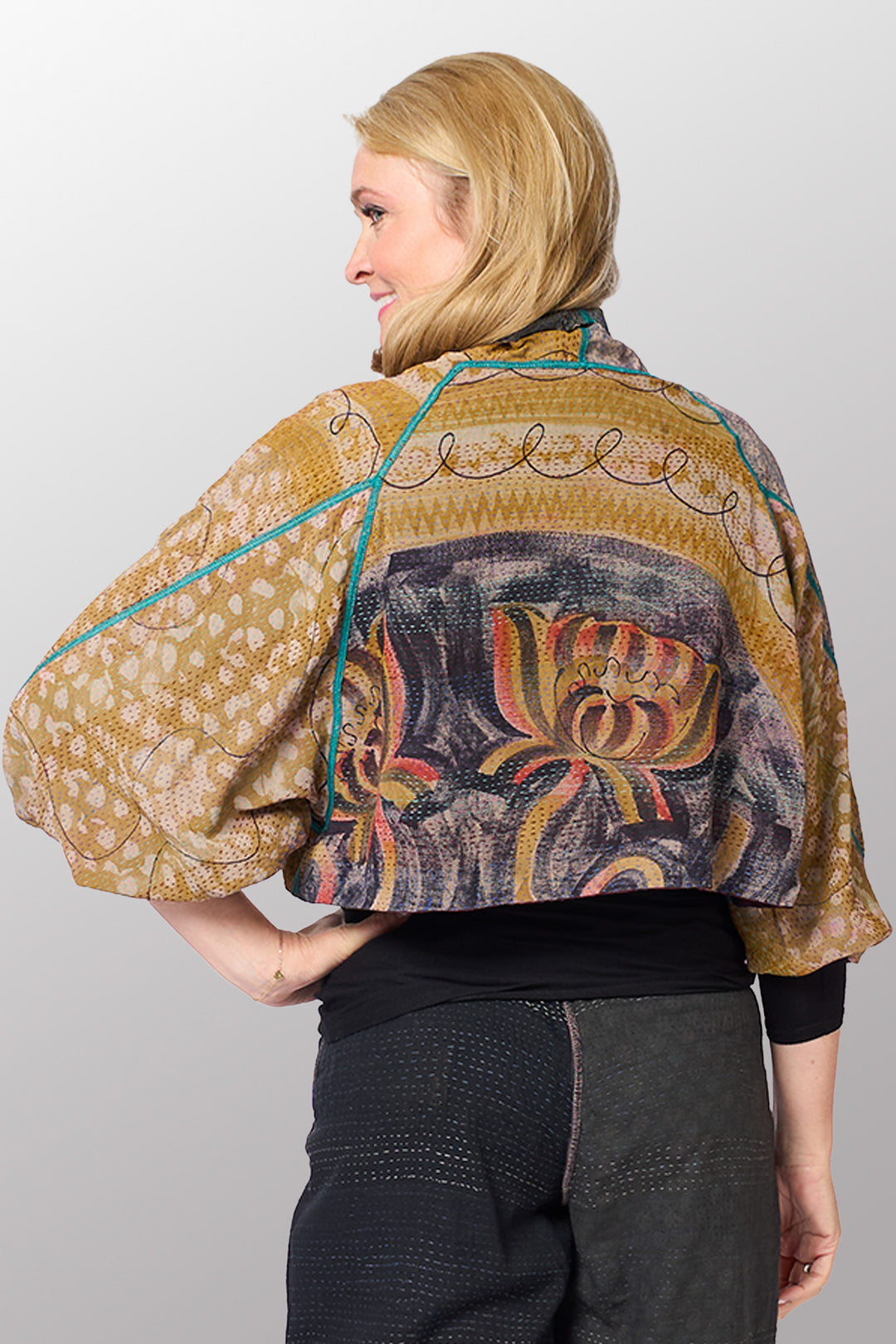 GEORGETTE JACQUARD VINTAGE SILK PATCH KANTHA PUFF SLV. SHRUG - gj2062-0001a -