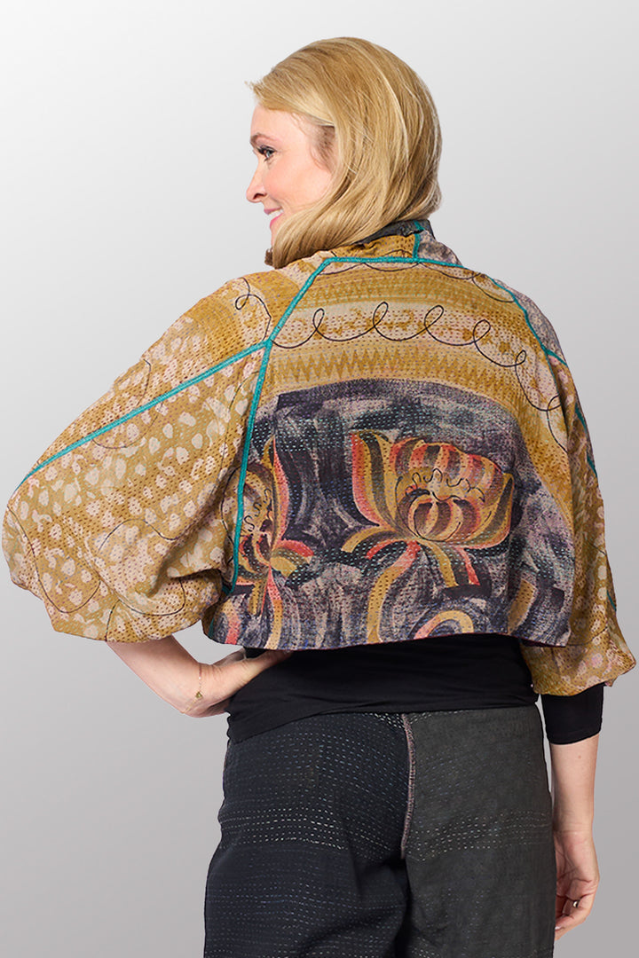 GEORGETTE JACQUARD VINTAGE SILK PATCH KANTHA PUFF SLV. SHRUG - gj2062-0001a -