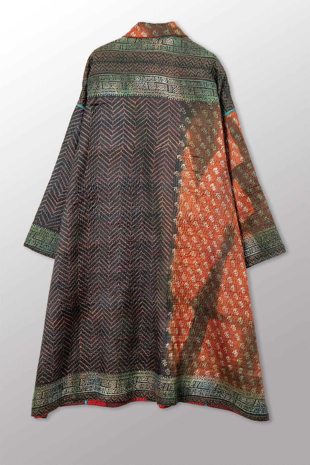 VINTAGE PRINTED SILK CLAMP DYE WITH JACQUARD KANTHA NEW OVERSIZED COAT - sk4342-0002a -
