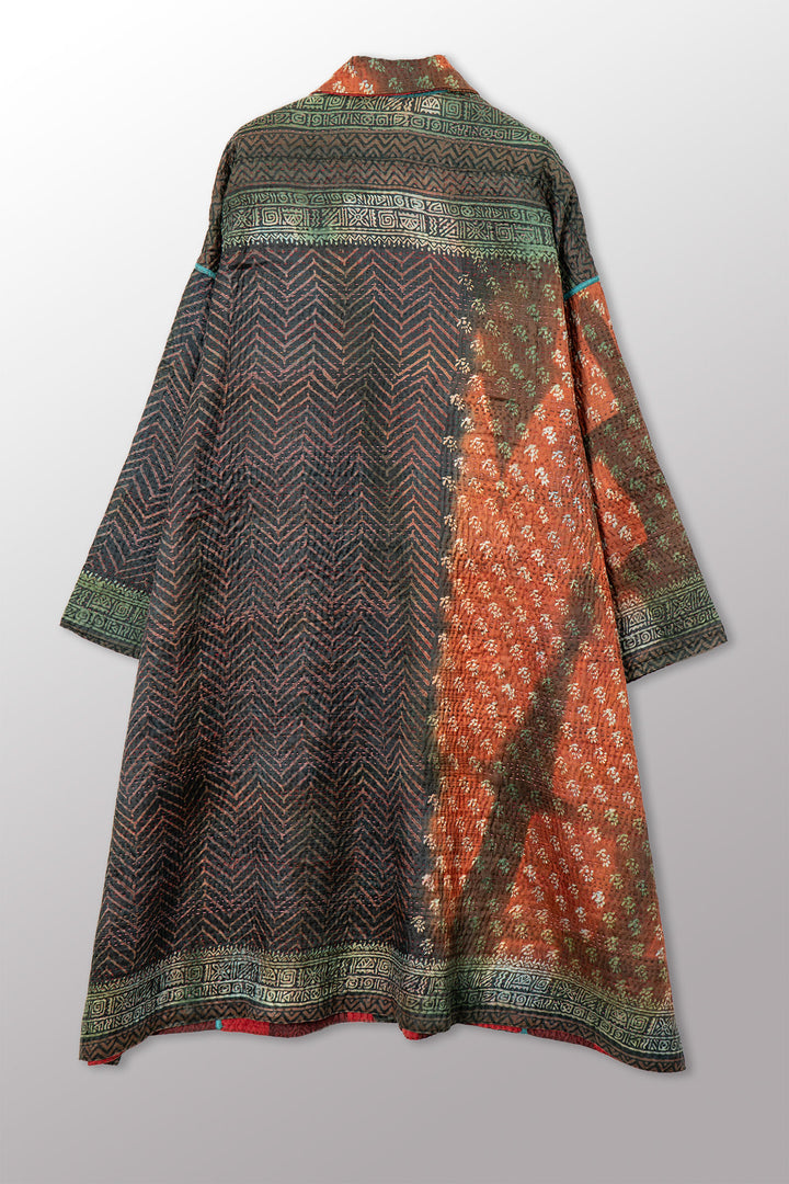 VINTAGE PRINTED SILK CLAMP DYE WITH JACQUARD KANTHA NEW OVERSIZED COAT - sk4342-0002a -