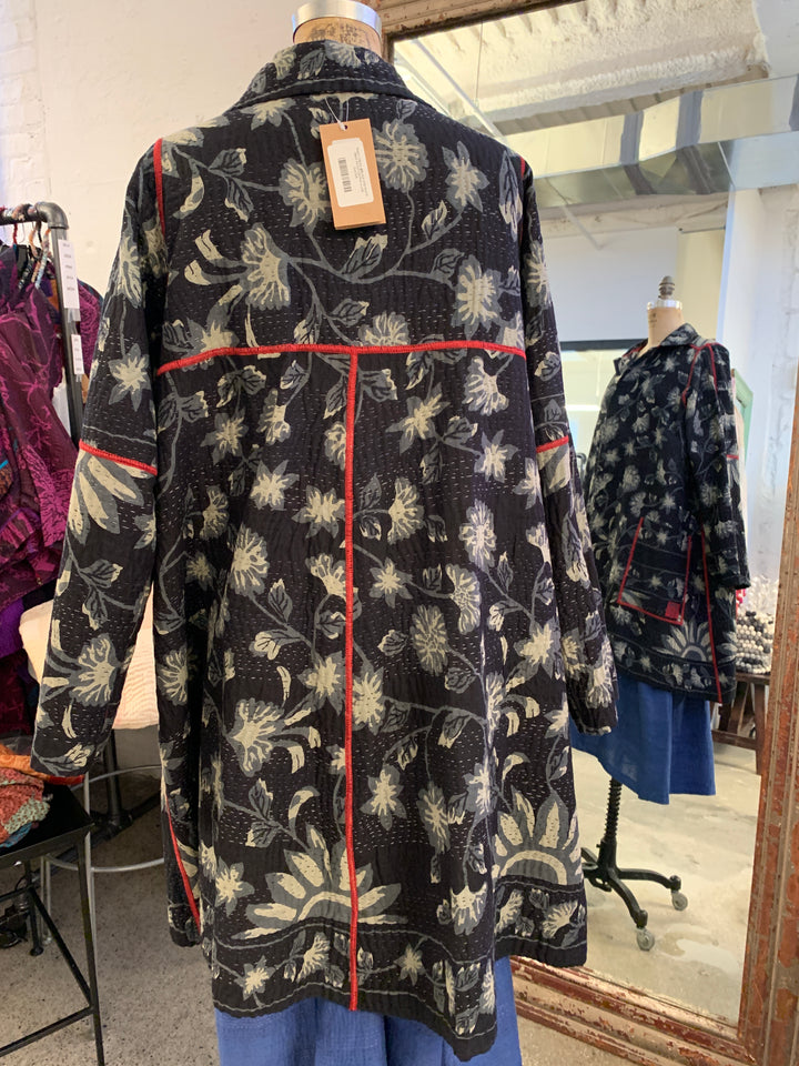 BLACK AND WHITE PRINT PATCH KANTHA A-LINE DUSTER - pn4311-blk -