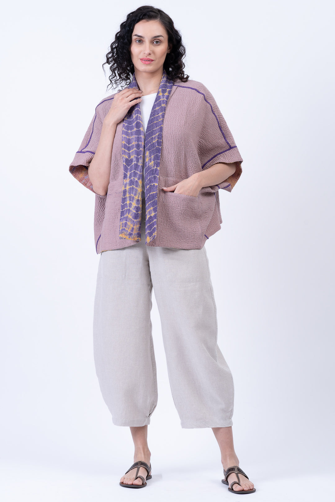 MONE SHIBORI TIE DYE KANTHA MINI PONCHO - ms5060-prp -