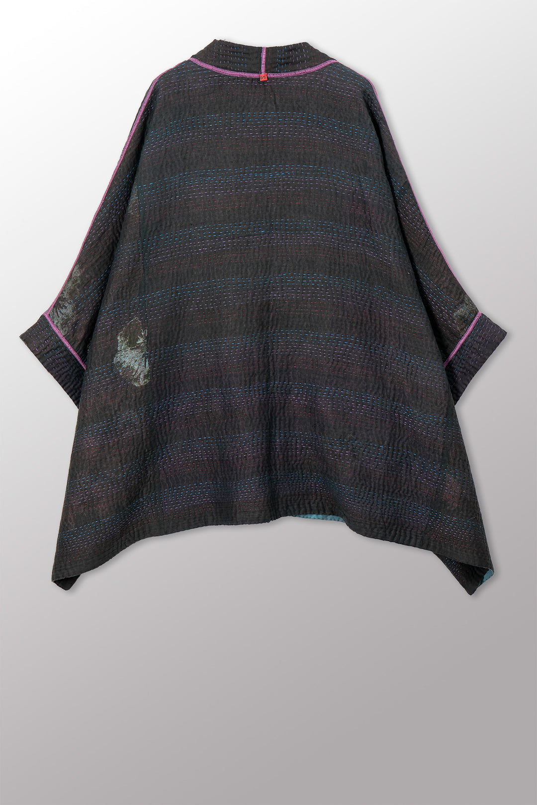 VINTAGE COTTON GREY CLAMP TIE DYE KANTHA DOUBLE COLLAR PONCHO - su4323-0003a -