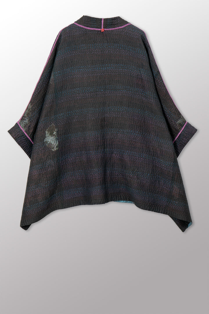 VINTAGE COTTON GREY CLAMP TIE DYE KANTHA DOUBLE COLLAR PONCHO - su4323-0003a -