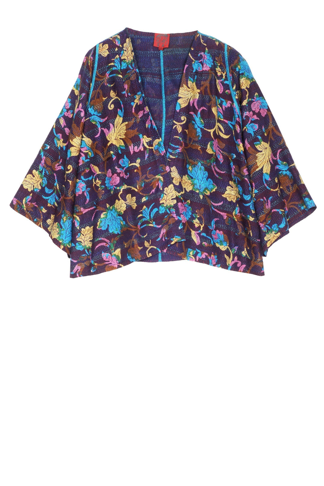 FLORAL SILK PRINT KANTHA BELL SHAPE JACKET - fs2048-nvy -