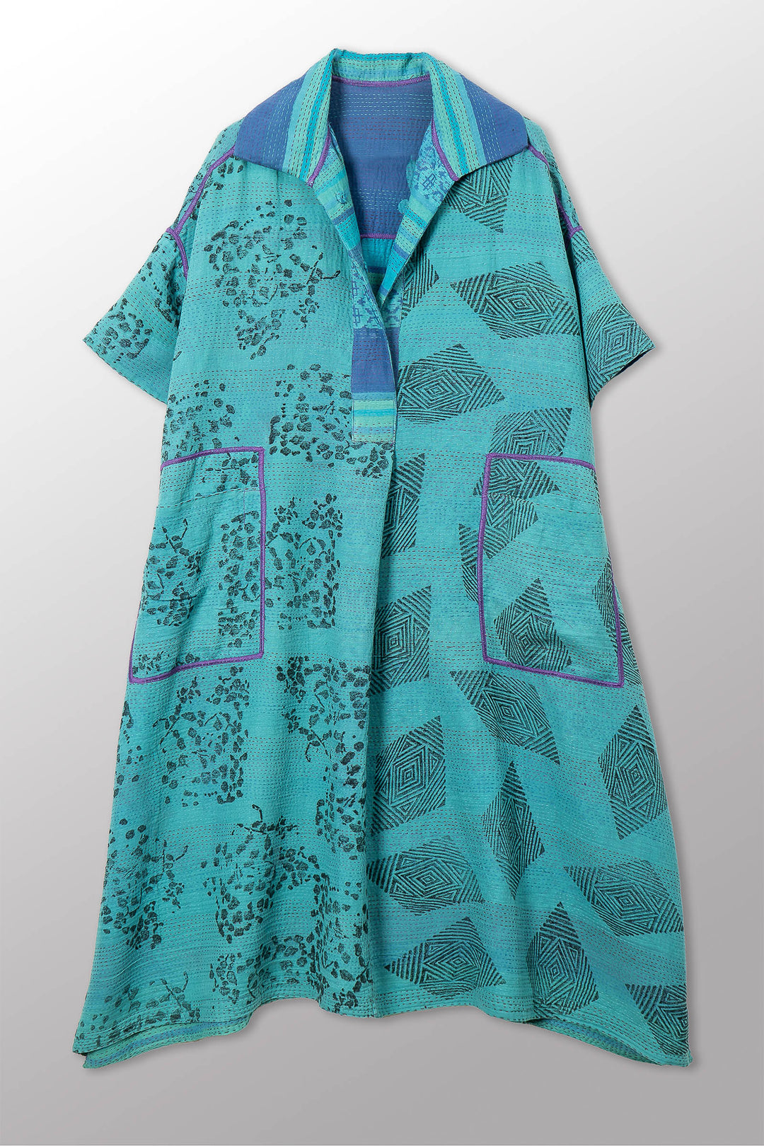 VINTAGE COTTON & NEW VOILE KANTHA WING COLLAR DRESS - cn2454-0004a -