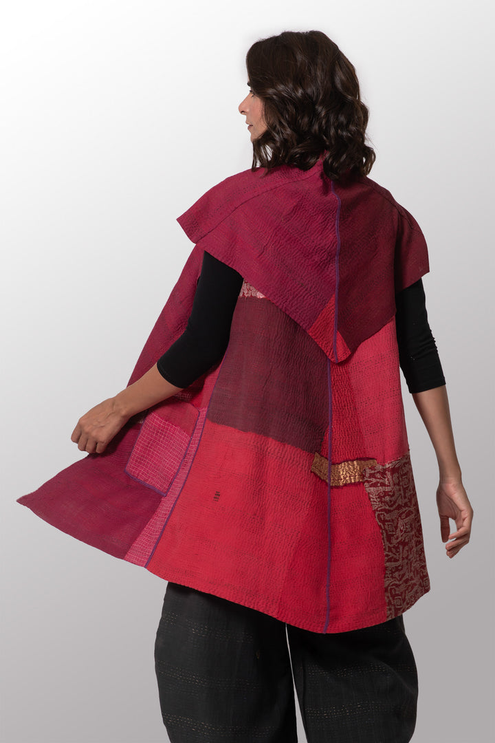 FRAYED PATCH WITH BROCADE KANTHA CIRCULAR VEST - fb2201-red -