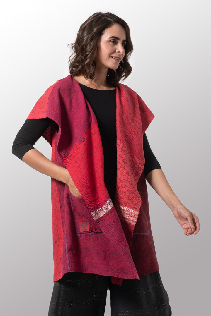 FRAYED PATCH WITH BROCADE KANTHA CIRCULAR VEST - fb2201-red -