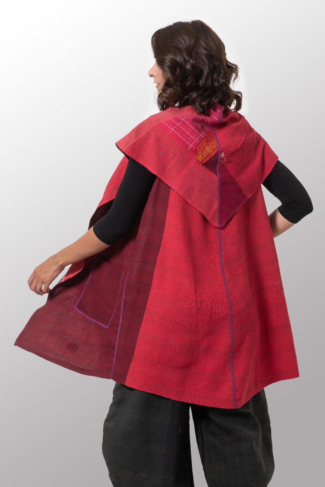 FRAYED PATCH WITH BROCADE KANTHA CIRCULAR VEST - fb2201-red -