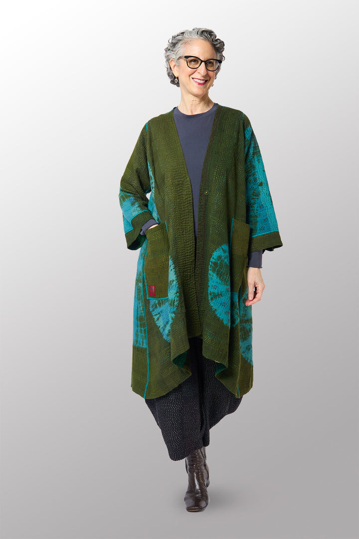 COTTON SILK SW PATCH KANTHA WRAP FLARE COAT - st-ws4330-grn -