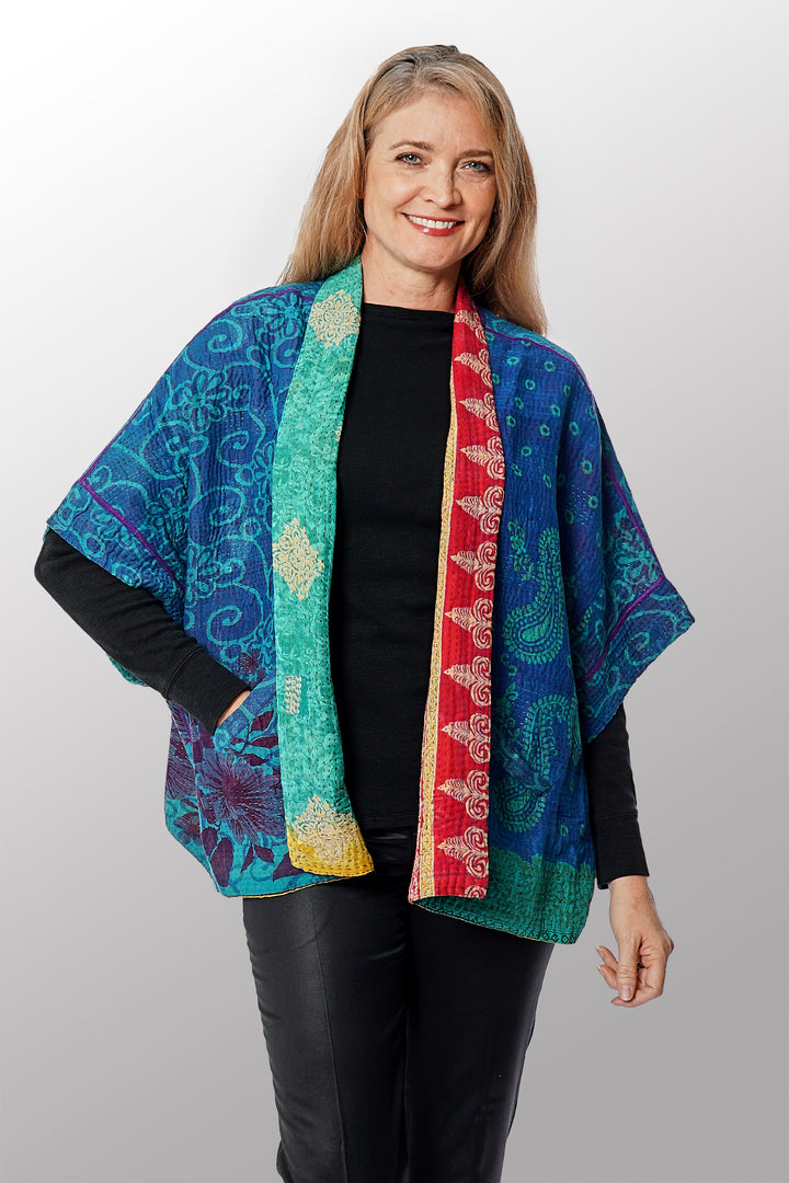 COTTON OVER DYE KANTHA MINI PONCHO - ov4060-ctel002a -