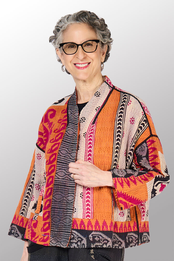 VINTAGE COTTON KANTHA STAND COLLAR CROPPED JKT - cv4034-0157a -