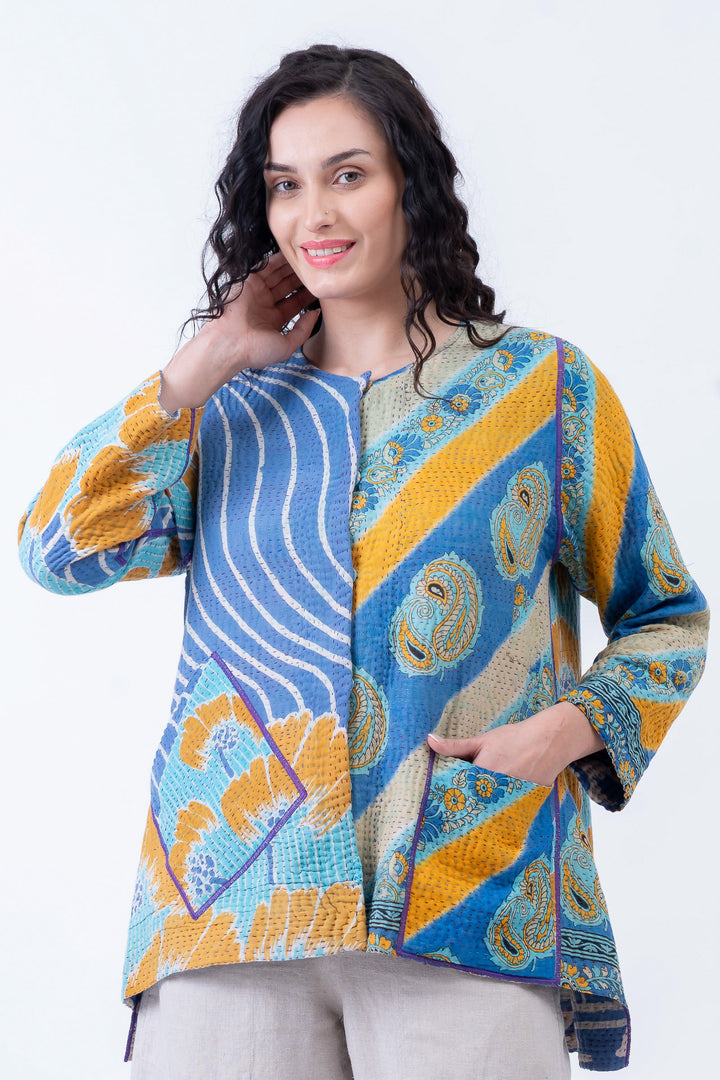 VINTAGE COTTON KANTHA CREW NECK POCKET JACKET - cv4025-0016a -