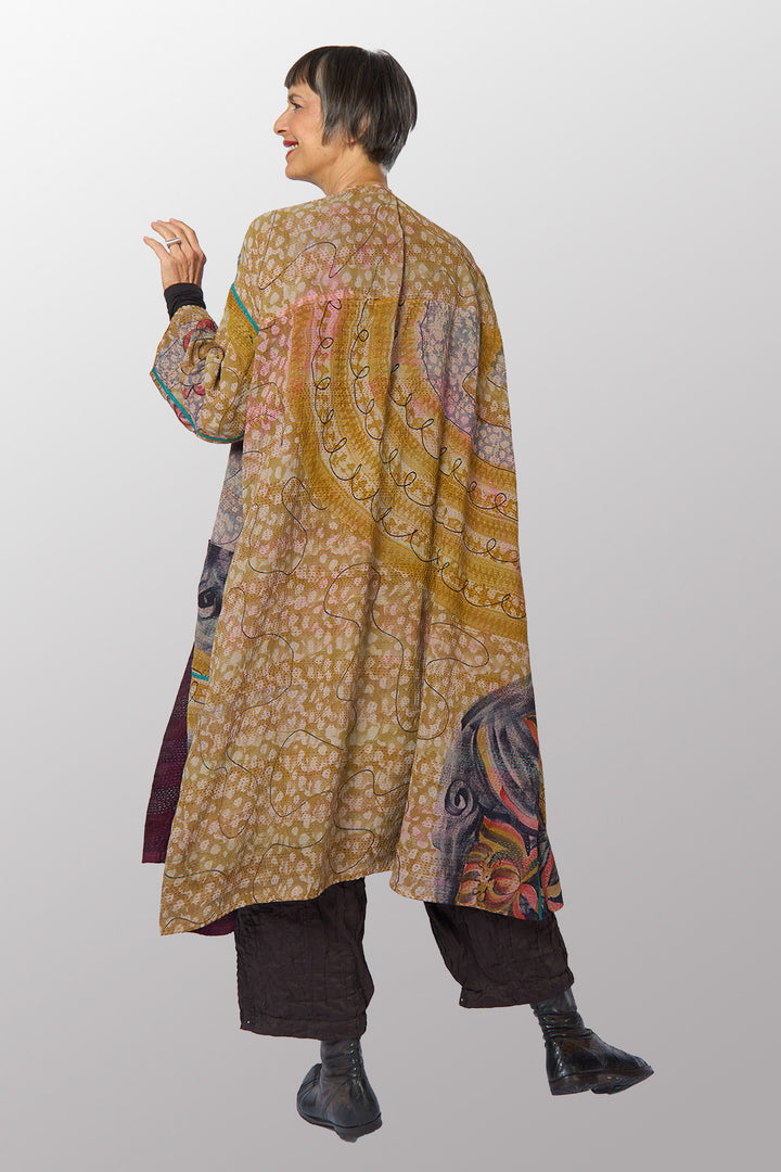 GEORGETTE JACQUARD VINTAGE SILK PATCH KANTHA LONG DUSTER - gj2328-0001a -