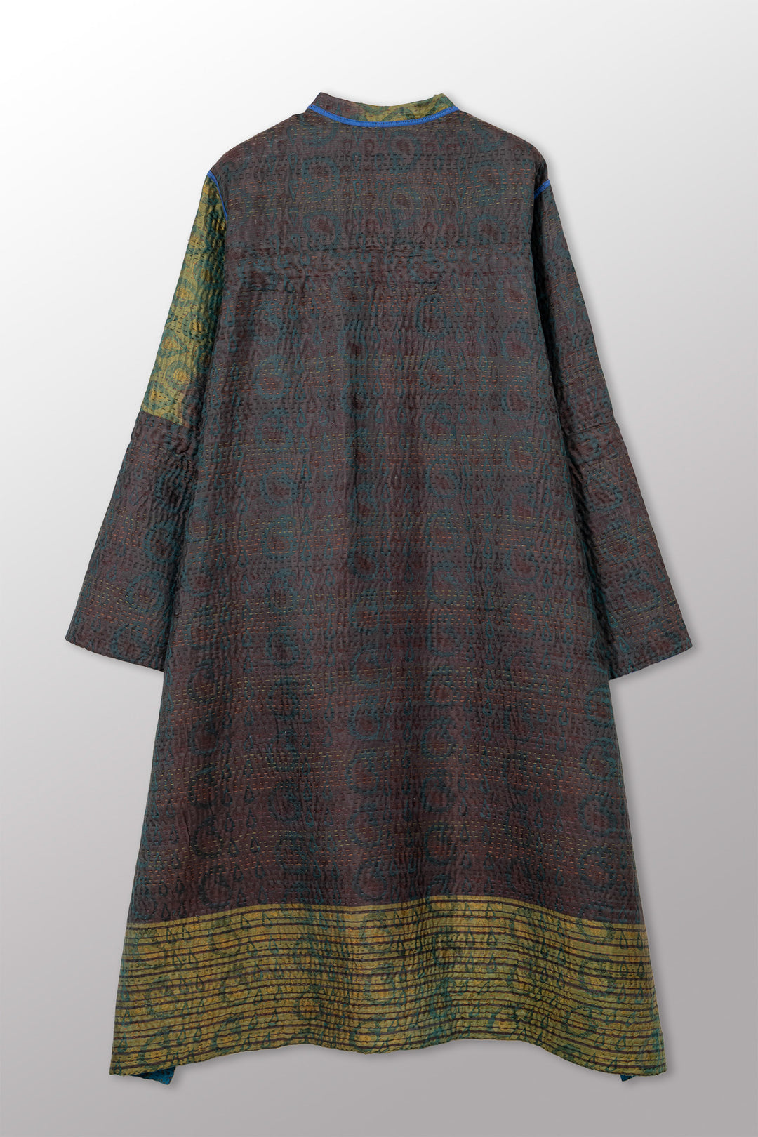 VINTAGE PRINTED SILK CLAMP DYE WITH JACQUARD KANTHA KAFTAN COAT - sk4343-0001m -