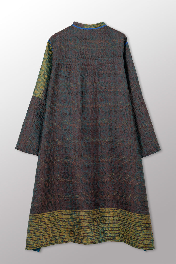 VINTAGE PRINTED SILK CLAMP DYE WITH JACQUARD KANTHA KAFTAN COAT - sk4343-0001m -
