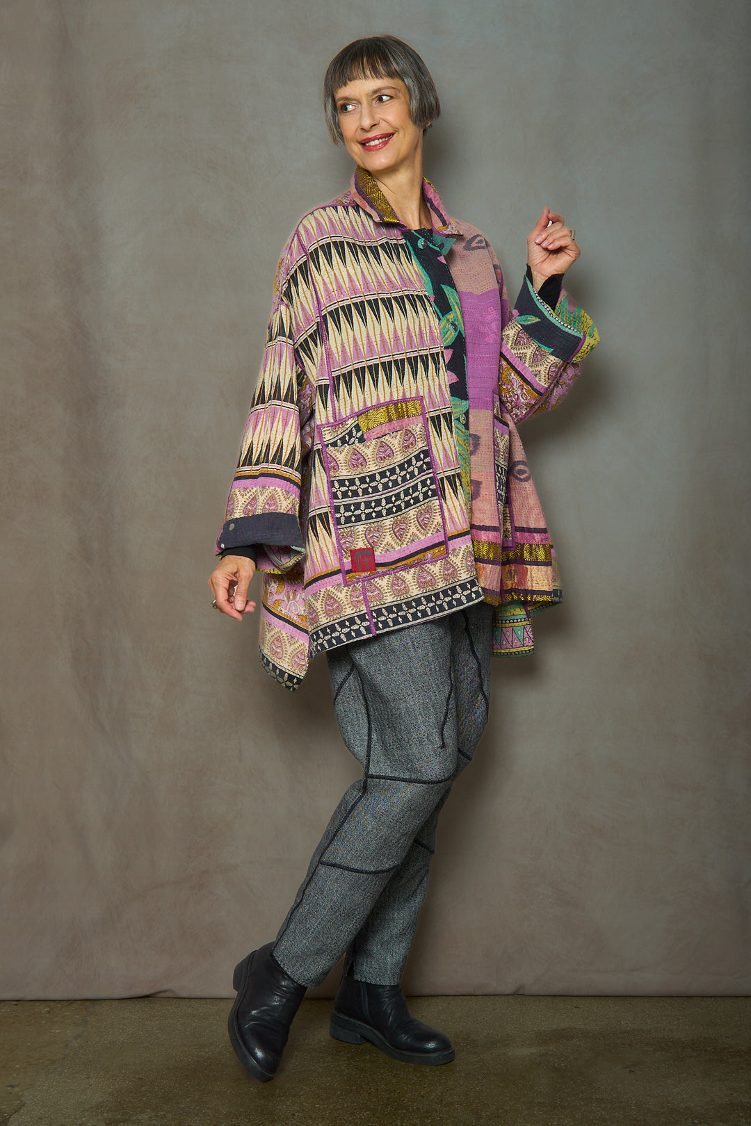 VINTAGE COTTON KANTHA OVERSIZED MINI COAT - cv4332-0045a -