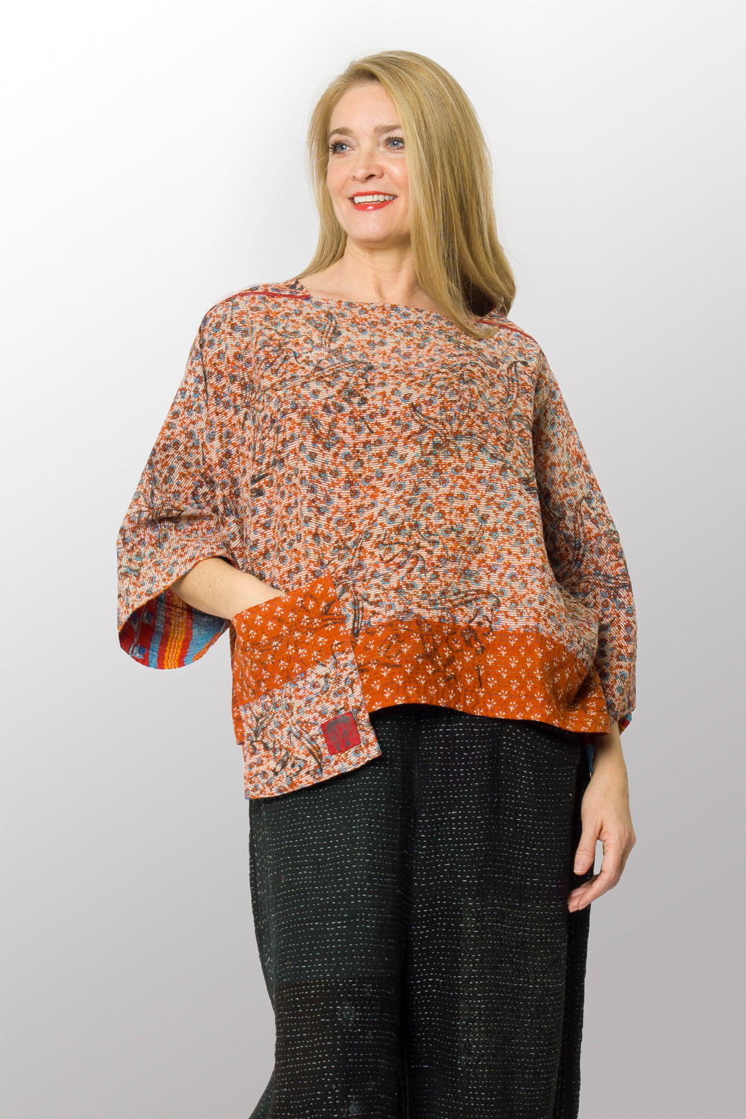 VINTAGE COTTON KANTHA 3/4 SLV. CROP TOP MIO - cv2538-0023a -