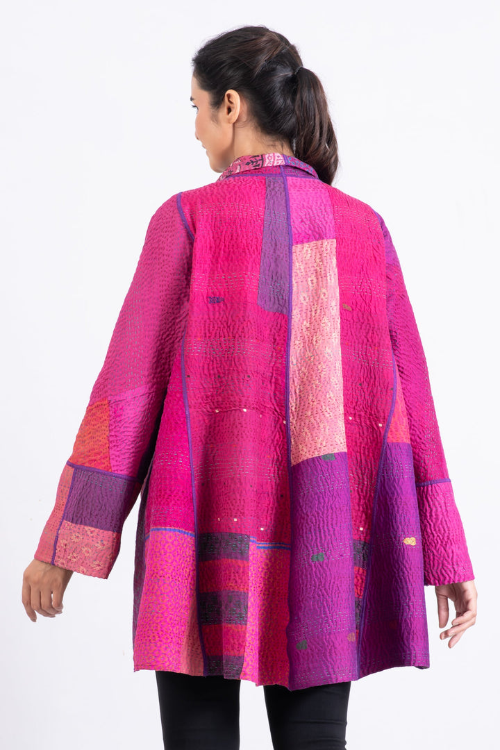 JACQUARD SILK KANTHA FLARE LONG JACKET - js4021-pik -