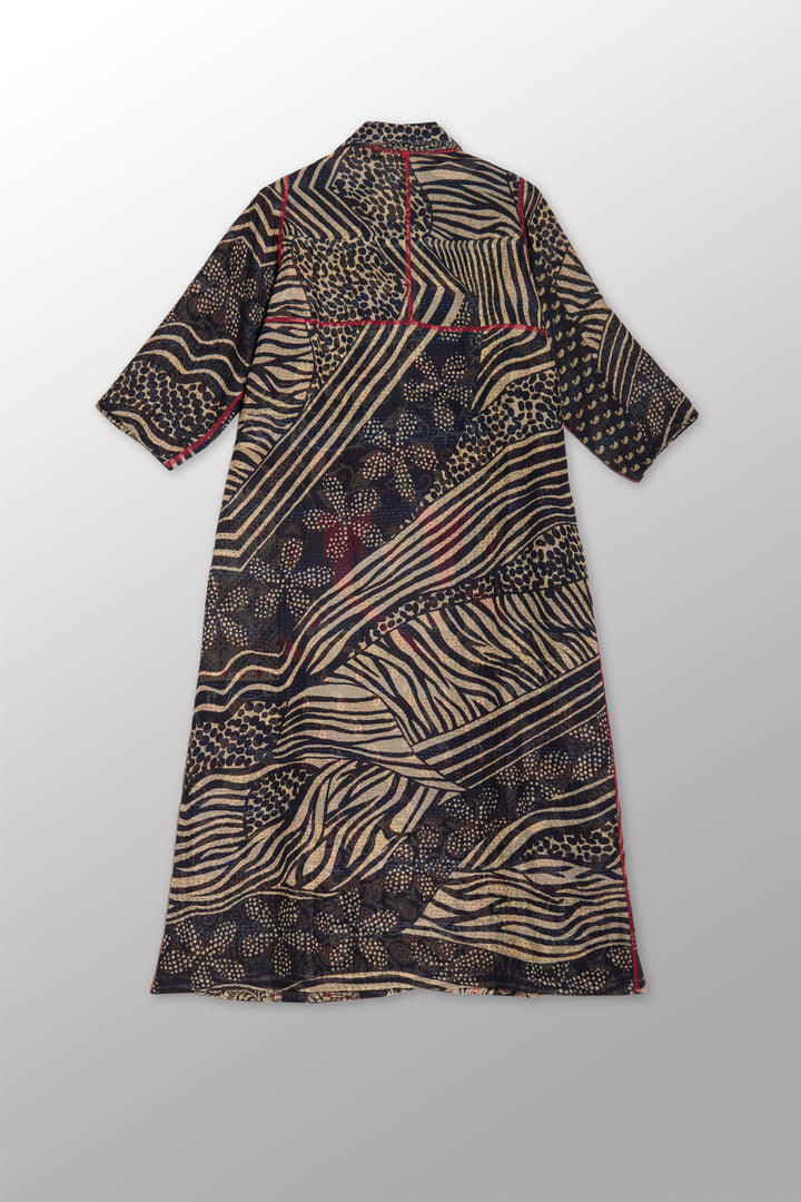 PATCHED PRINT KANTHA SIDE PLEATED DRESS - pp2435-blk -