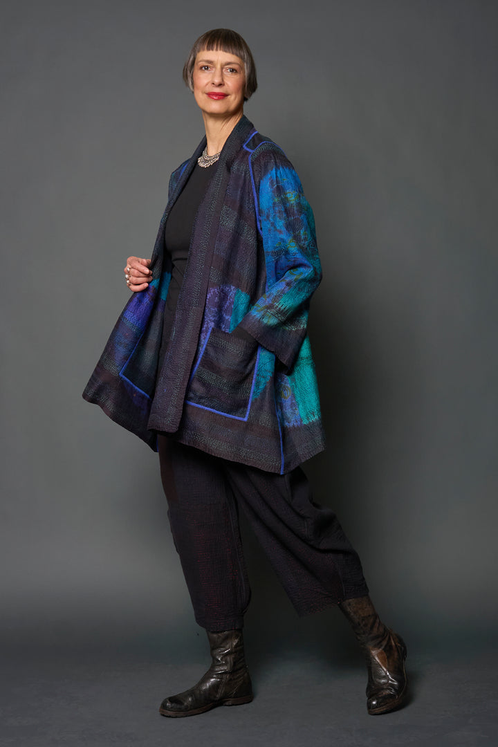 TIE DYE CIRCLE SHIBORI KANTHA A-LINE JACKET - td2003-blu -