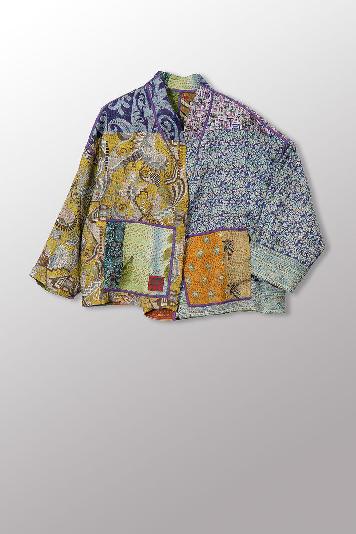 VINTAGE SILK KANTHA STAND COLLAR CROPPED JKT - sv2034-0018a -