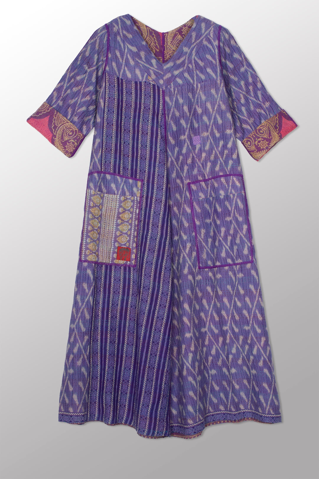 VINTAGE COTTON KANTHA V-NECK FLARE DRESS - cv2457-0001s -