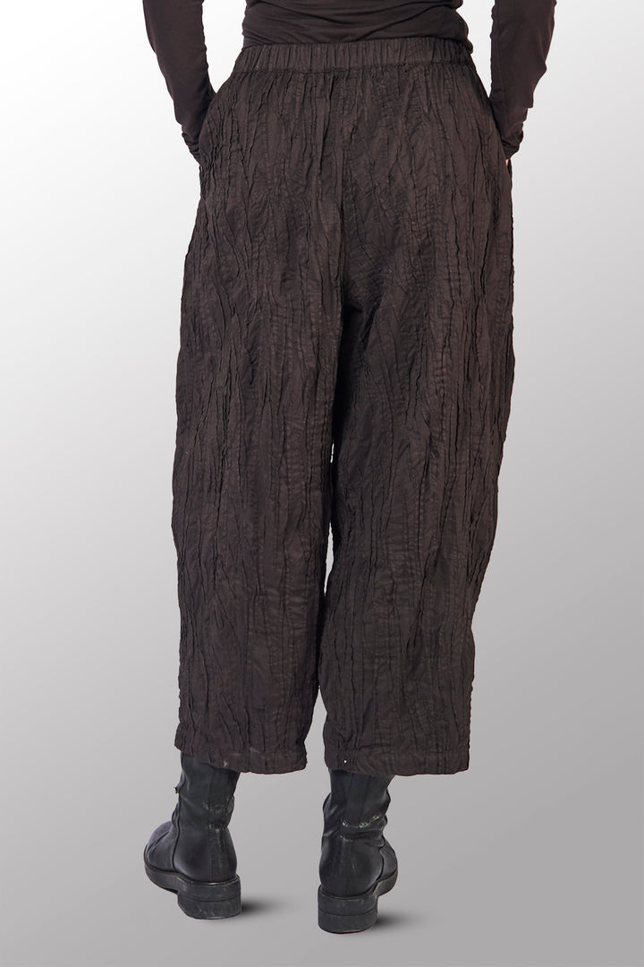 DYED COTTON SILK HEAVY VOILE RANDOM TUCK BARREL PANTS - dr1641-brn -