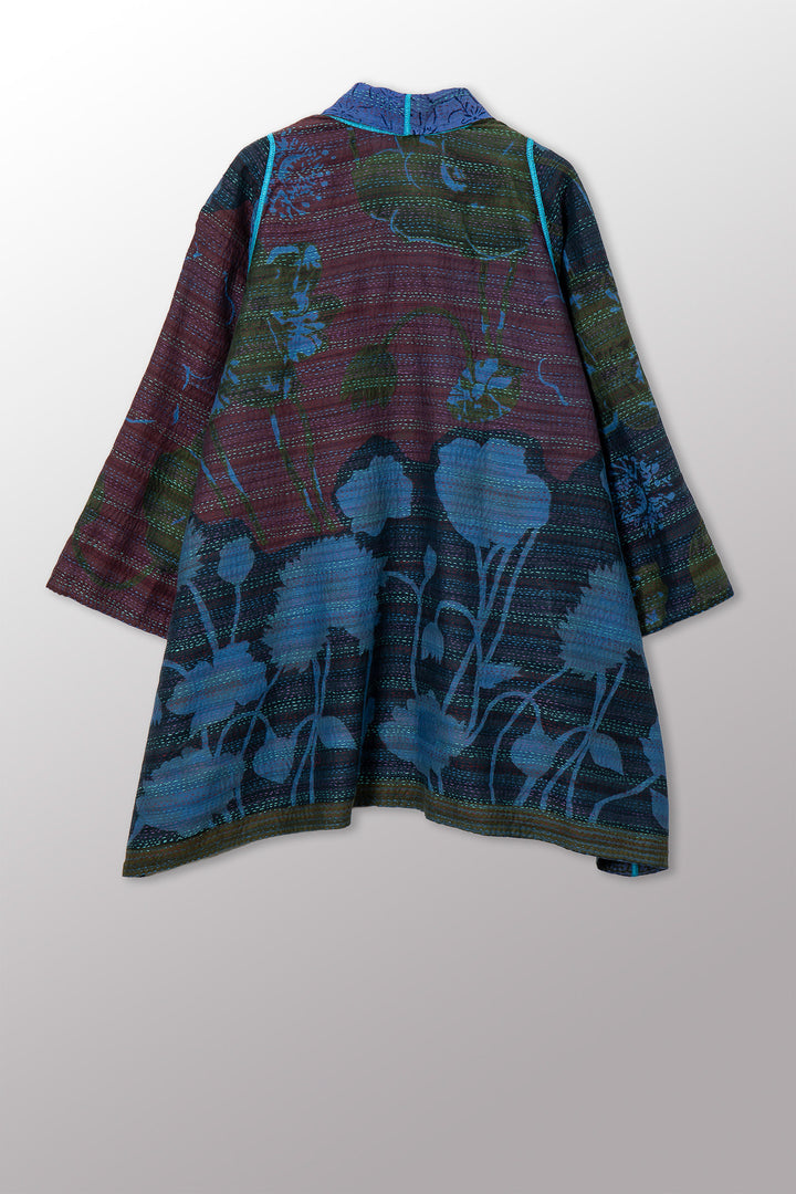 VINTAGE SILK GEORGETTE COTTON KANTHA A-LINE JKT - gc2003-0040a -