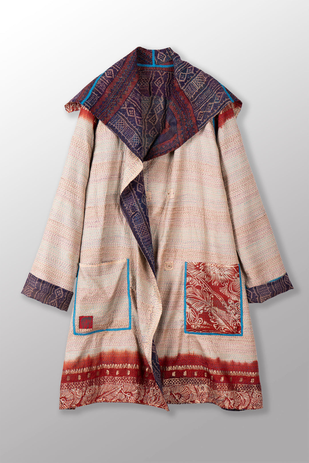 VINTAGE SILK GEORGETTE KANTHA POCKET MEDIUM COAT - sg2316-0001a -