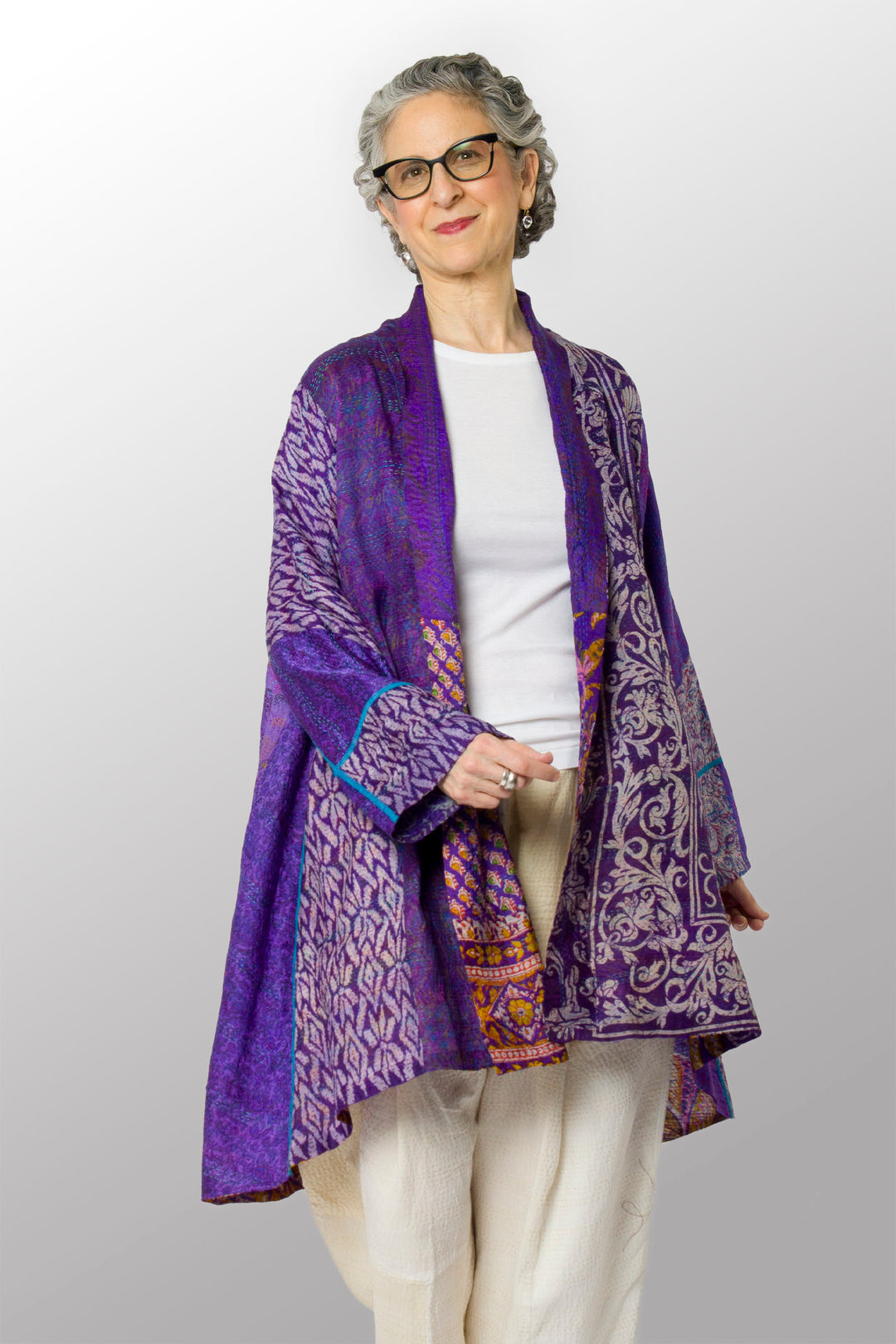 VINTAGE SILK KANTHA KIMONO LONG JKT - sv2005-0079a -