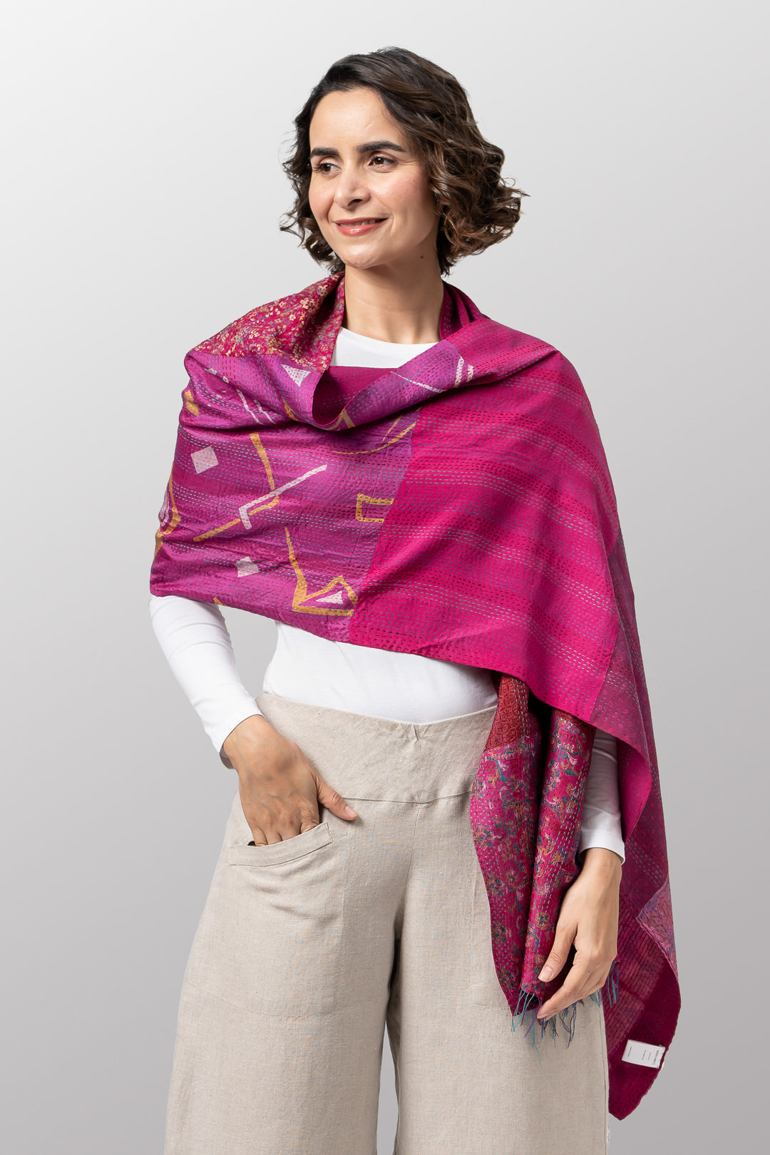 GEORGETTE VINTAGE SILK PATCH KANTHA SCARF STANDARD - gs2801-pik -