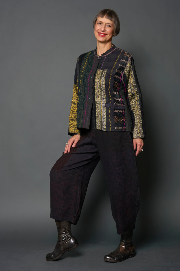 JEWEL WOVEN WITH VERTICAL PATCH KANTHA KAFTAN JACKET SHORT - jv4088-blk -